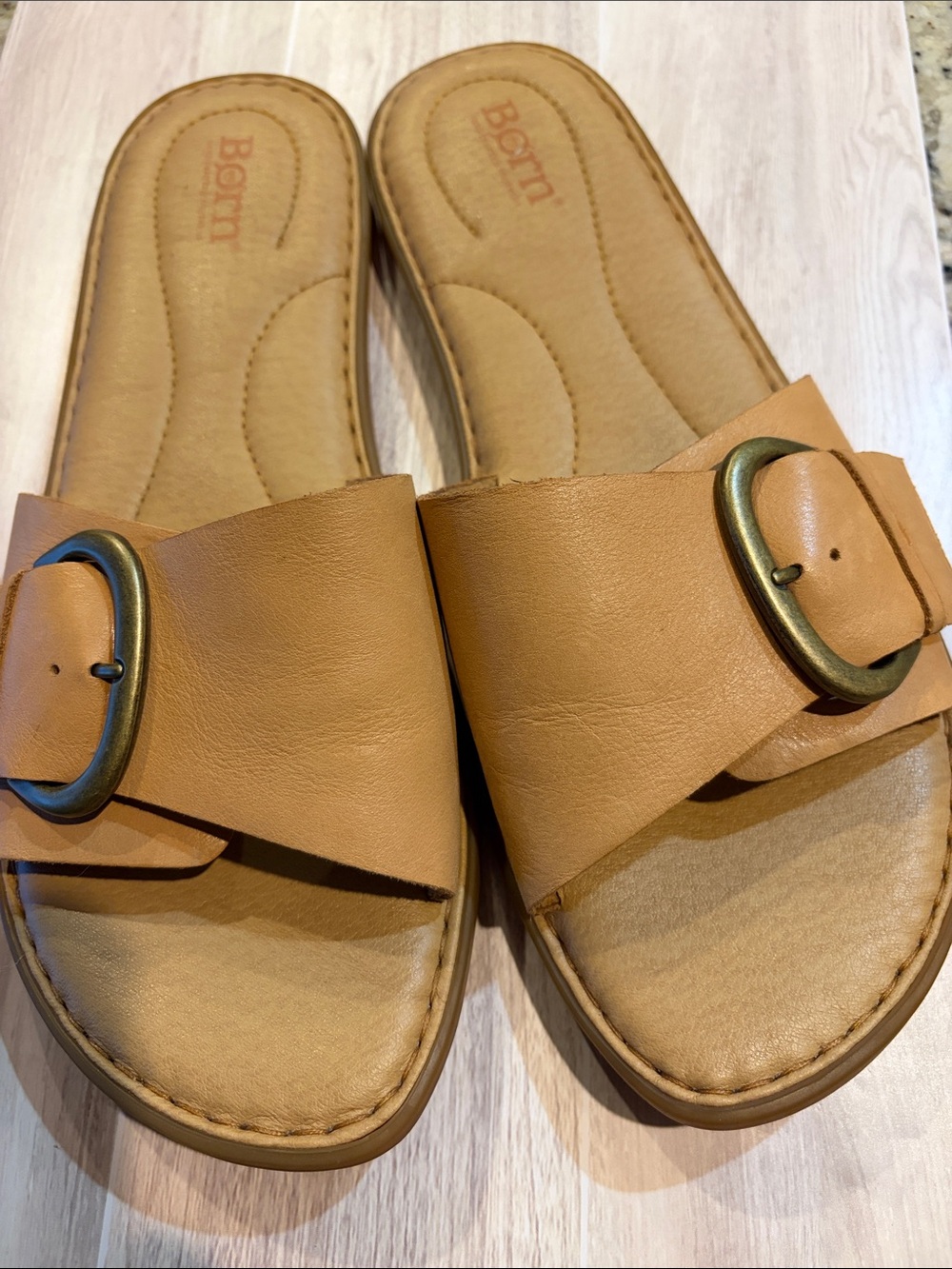 Born Cognac Leather Slide Sandals with Antique Buckle